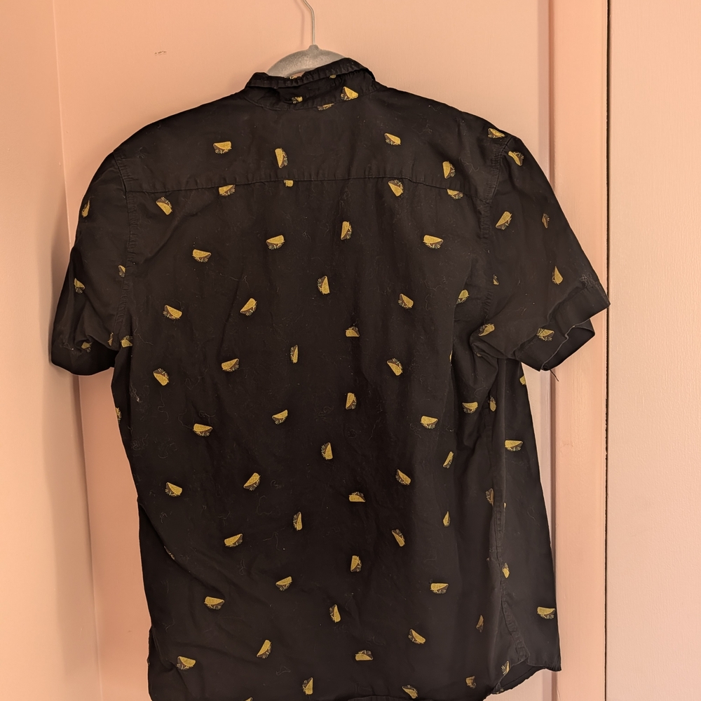 Black Short Sleeve Button-Up Shirt with Yellow Taco Print - Picture 3 of 4